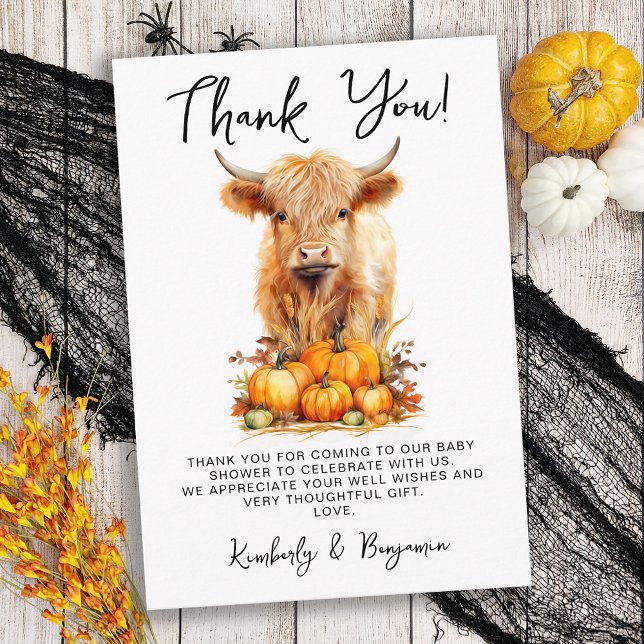 Cute Highland Cow Autumn Pumpkins Baby Shower Thank You Card (Creator Uploaded)