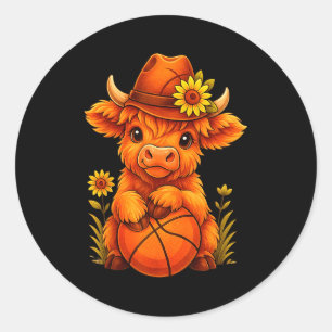 Cute highland cow basketball calf sports lover classic round sticker