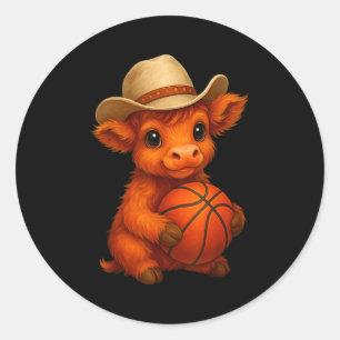 Cute highland cow basketball calf sports lover classic round sticker