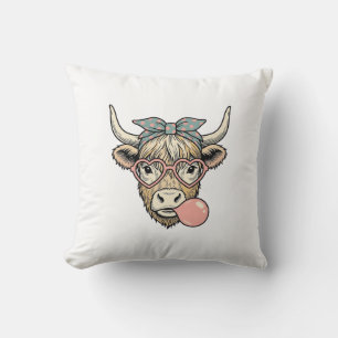 Cute Highland Cow Bubble Gum Vintage Vector Design Cushion