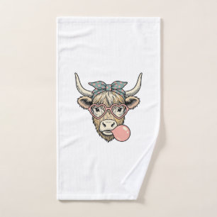 Cute Highland Cow Bubble Gum Vintage Vector Design Hand Towel