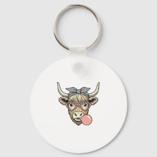 Cute Highland Cow Bubble Gum Vintage Vector Design Key Ring