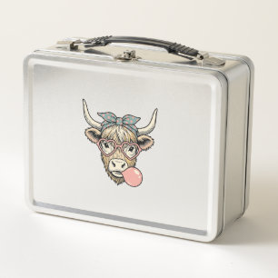 Cute Highland Cow Bubble Gum Vintage Vector Design Metal Lunch Box