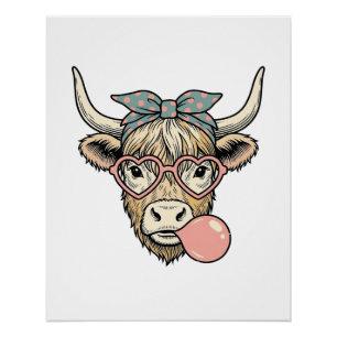 Cute Highland Cow Bubble Gum Vintage Vector Design Poster