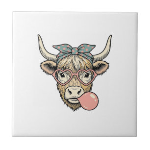 Cute Highland Cow Bubble Gum Vintage Vector Design Tile