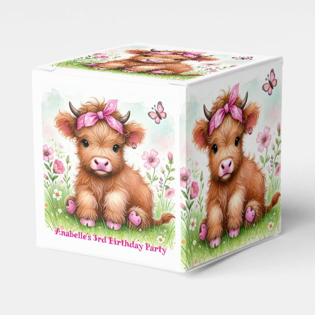 Cute Highland Cow Butterfly Girl Birthday Party Favour Box (Front Side)