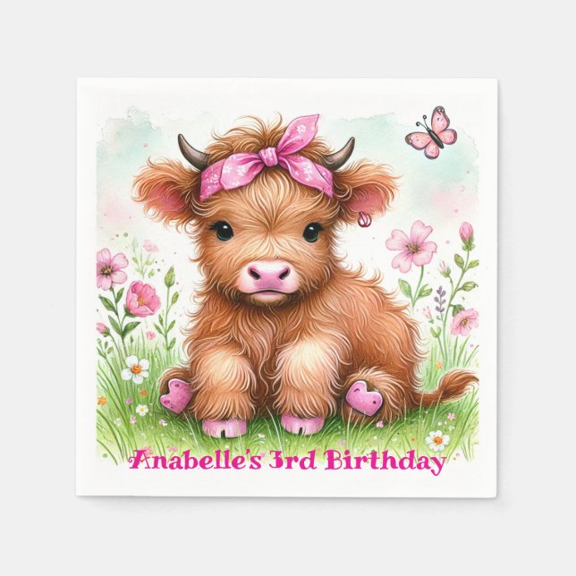 Cute Highland Cow Butterfly Girl Birthday Party Napkin (Front)