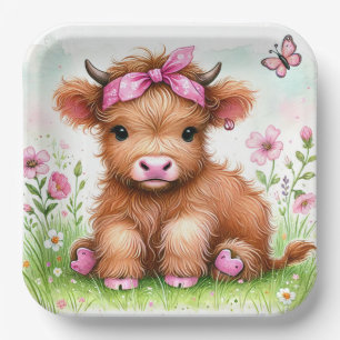 Cute Highland Cow Butterfly Girl Birthday Party Paper Plate