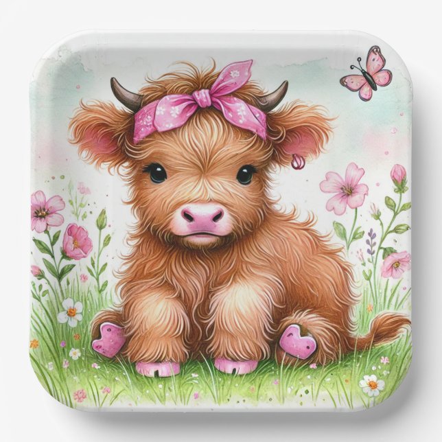 Cute Highland Cow Butterfly Girl Birthday Party Paper Plate (Front)