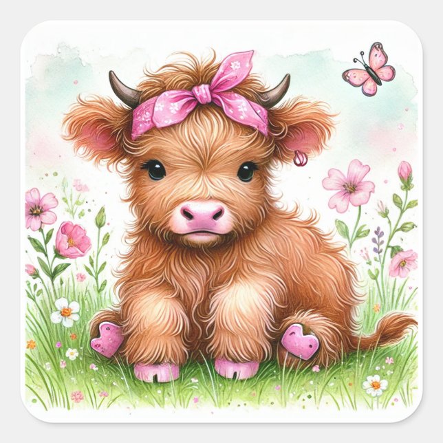 Cute Highland Cow Butterfly Girl Birthday Party Square Sticker (Front)