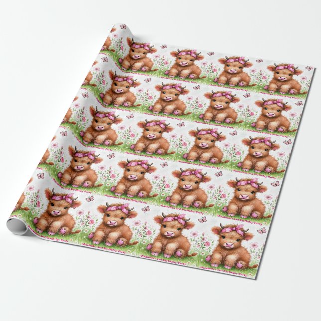 Cute Highland Cow Butterfly Girl Birthday Party  Wrapping Paper (Unrolled)