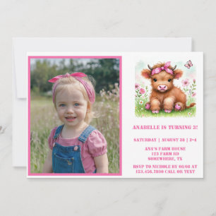 Cute Highland Cow Butterfly Photo Birthday Party  Invitation