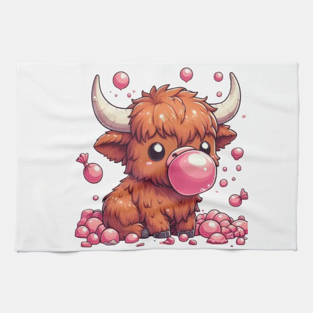 Cute Highland Cow calf blowing bubbles Tea Towel (Horizontal)