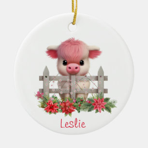 Cute Highland Cow Calf Christmas Personalised Name Ceramic Tree Decoration