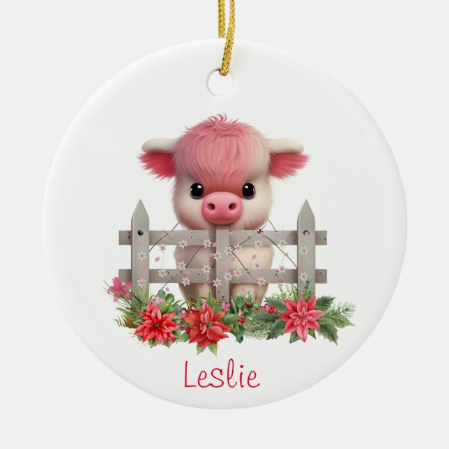 Cute Highland Cow Calf Christmas Personalised Name Ceramic Tree Decoration (Front)