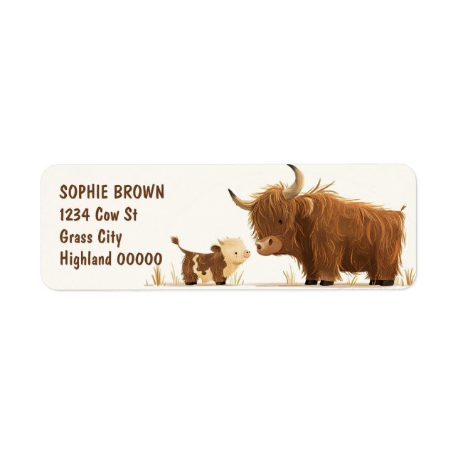 Cute Highland Cow& Calf Farm Animal Return Address (Front)