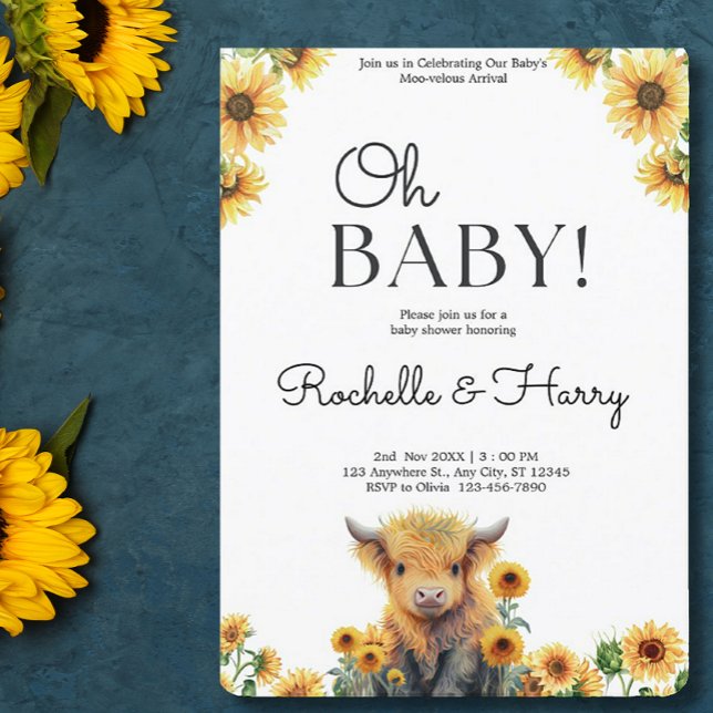 Cute Highland Cow Calf Sunflowers Baby Shower Invitation (Creator Uploaded)