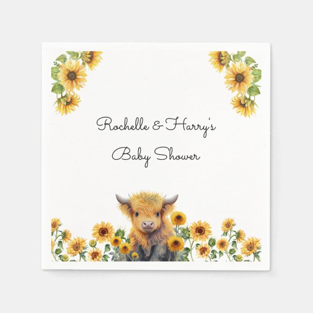 Cute Highland Cow Calf Sunflowers Baby Shower Napkin (Front)