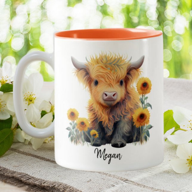 Cute Highland Cow Calf Sunflowers Personalised Two-Tone Coffee Mug (Creator Uploaded)