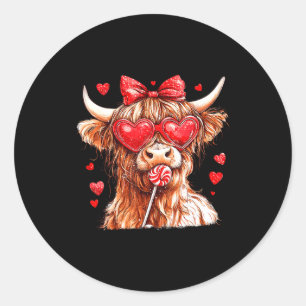 Cute Highland Cow Candy Cane Heart Valentines Day Classic Round Sticker