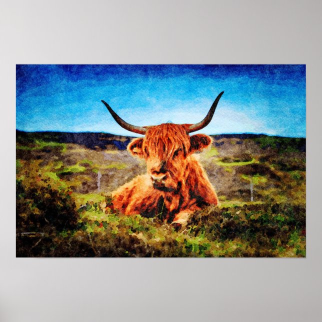 Cute Highland Cow Cattle Watercolour Art Painting Poster (Front)