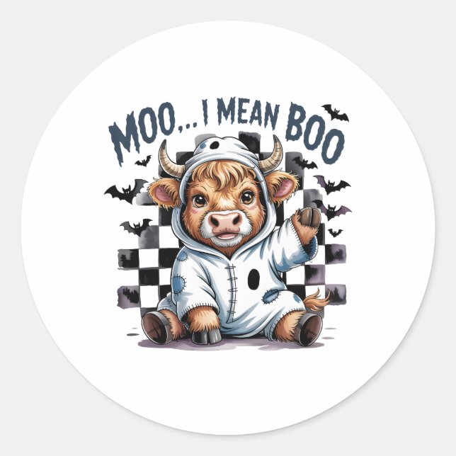 Cute Highland Cow Chequered Halloween Te Classic Round Sticker (Front)