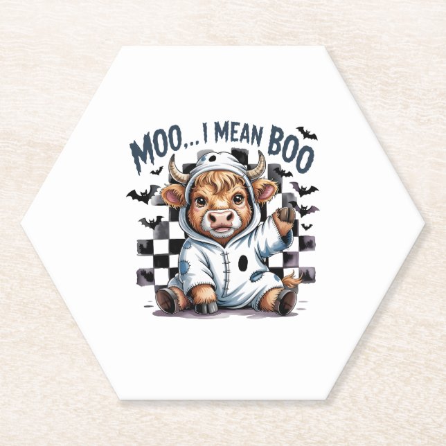 Cute Highland Cow Chequered Halloween Te Paper Coaster (Front)