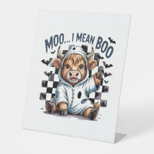 Cute Highland Cow Chequered Halloween Te Pedestal Sign