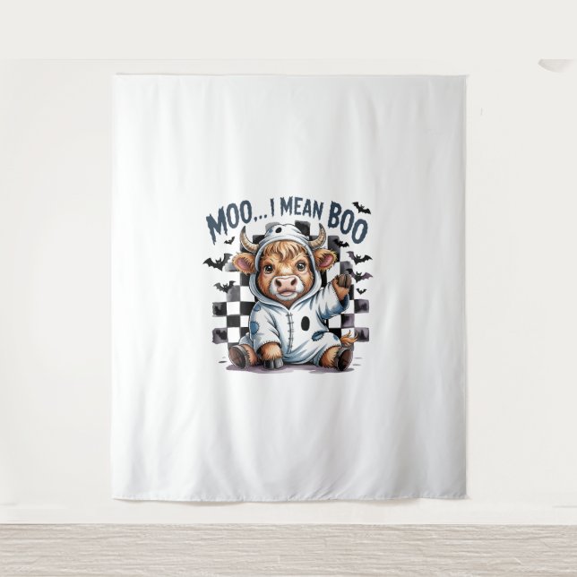 Cute Highland Cow Chequered Halloween Te Tapestry (Front)
