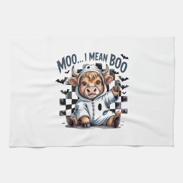 Cute Highland Cow Chequered Halloween Te Tea Towel (Horizontal)