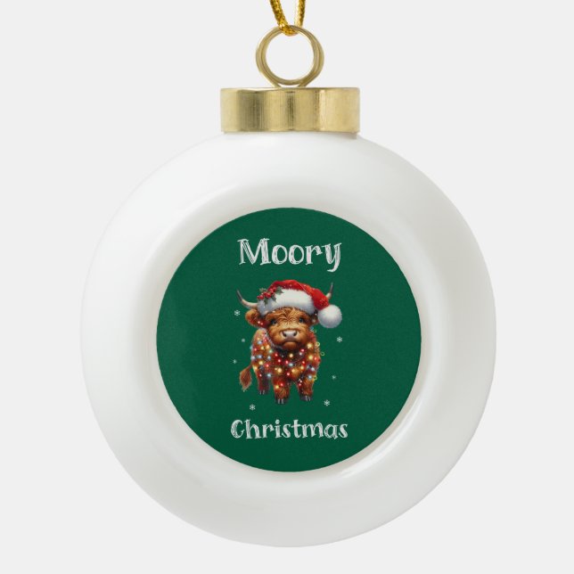 Cute Highland Cow Christmas Ceramic Ball Christmas Ornament (Front)