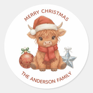Cute Highland Cow Christmas Custom Family Name Classic Round Sticker