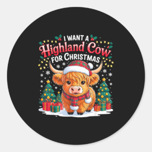 Cute Highland Cow Christmas Funny Santa Lights Hol Classic Round Sticker