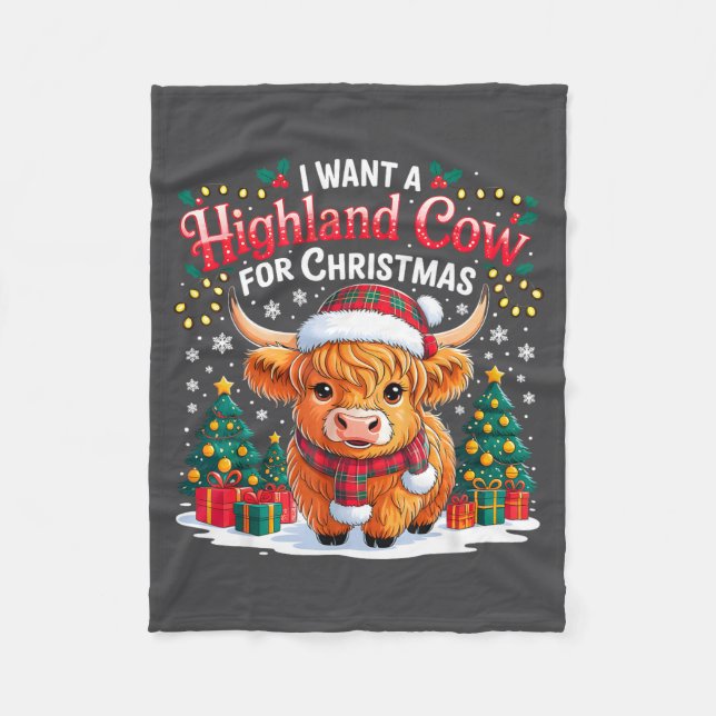 Cute Highland Cow Christmas Funny Santa Lights Hol Fleece Blanket (Front)