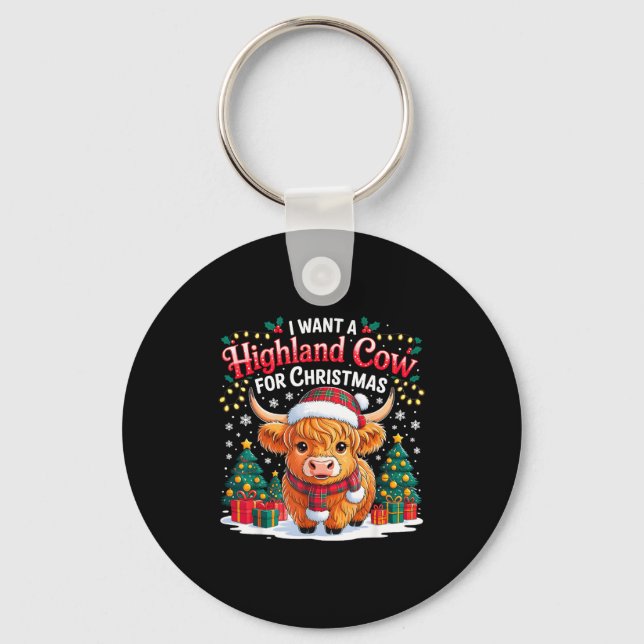 Cute Highland Cow Christmas Funny Santa Lights Hol Key Ring (Front)