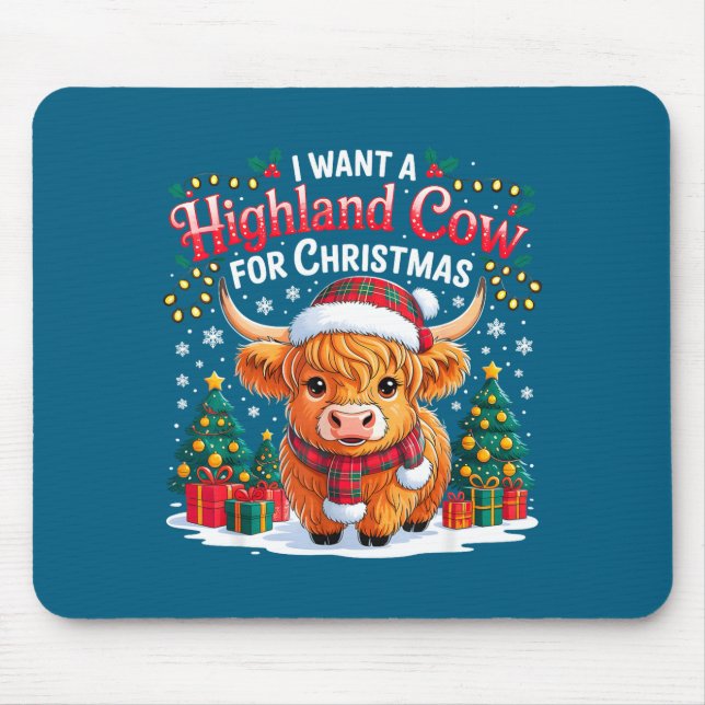 Cute Highland Cow Christmas Funny Santa Lights Hol Mouse Mat (Front)