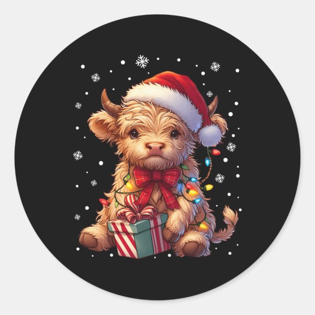 Cute Highland Cow Christmas Highland Cow Xmas Sant Classic Round Sticker (Front)