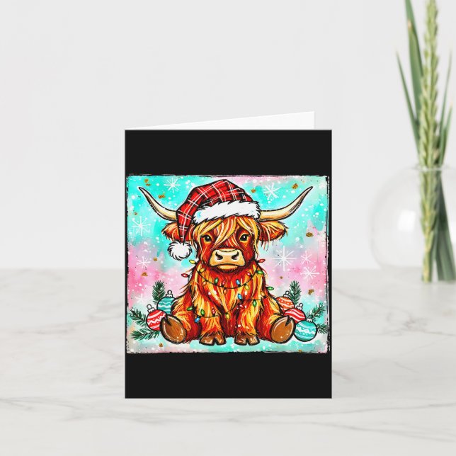 Cute Highland Cow Christmas Lights Merry Xmas Cows Card (Front)