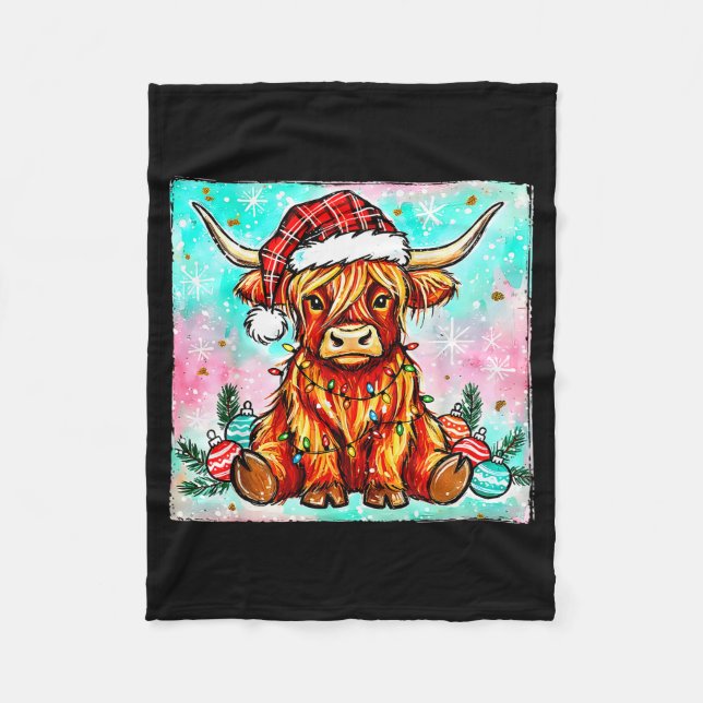 Cute Highland Cow Christmas Lights Merry Xmas Cows Fleece Blanket (Front)
