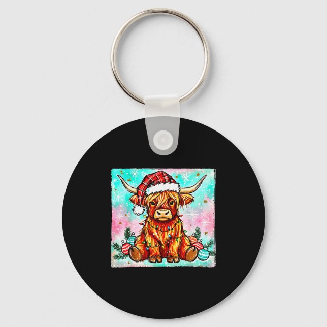 Cute Highland Cow Christmas Lights Merry Xmas Cows Key Ring (Front)