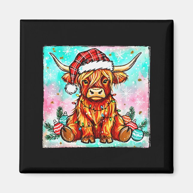 Cute Highland Cow Christmas Lights Merry Xmas Cows Magnet (Front)