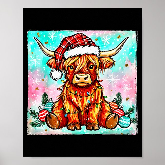 Cute Highland Cow Christmas Lights Merry Xmas Cows Poster (Front)