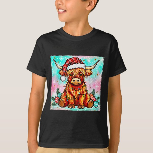 Cute Highland Cow Christmas Lights Merry Xmas Cows T-Shirt (Front)