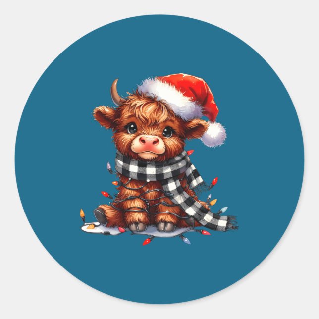 Cute Highland Cow Christmas Lights Santa Hat Winte Classic Round Sticker (Front)