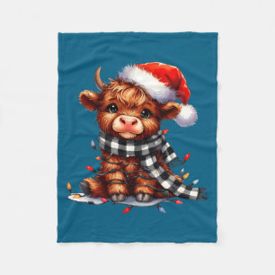 Cute Highland Cow Christmas Lights Santa Hat Winte Fleece Blanket