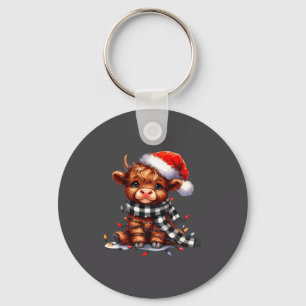 Cute Highland Cow Christmas Lights Santa Hat Winte Key Ring