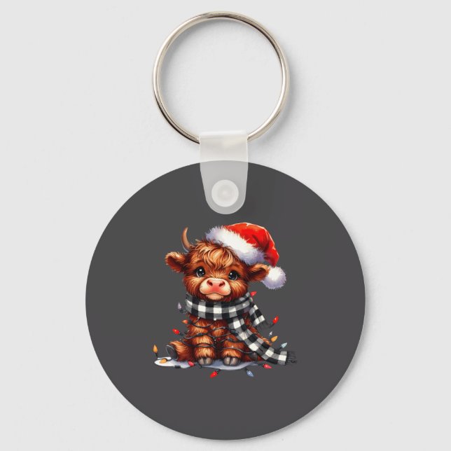 Cute Highland Cow Christmas Lights Santa Hat Winte Key Ring (Front)