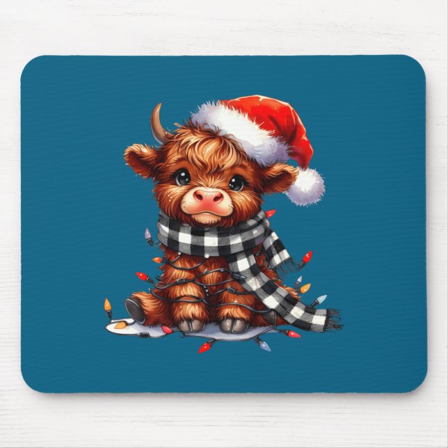 Cute Highland Cow Christmas Lights Santa Hat Winte Mouse Mat (Front)