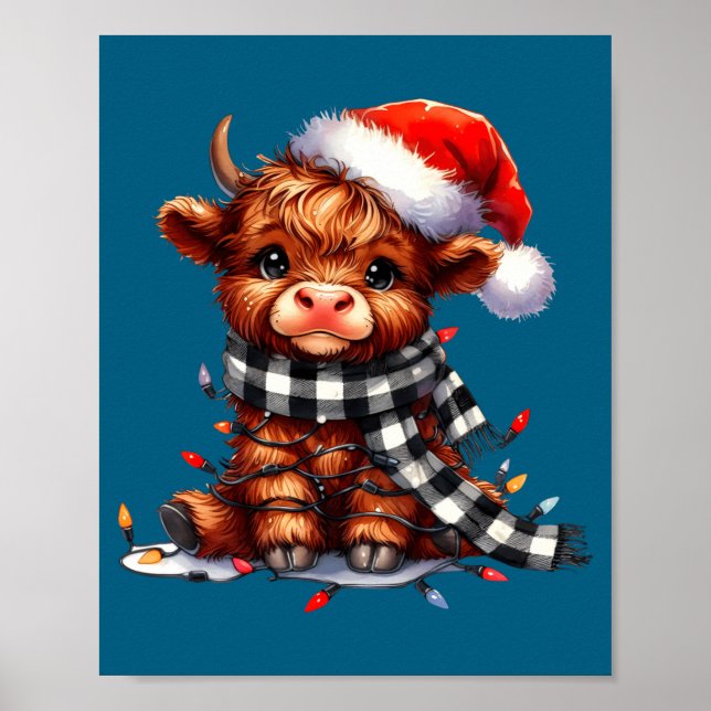 Cute Highland Cow Christmas Lights Santa Hat Winte Poster (Front)