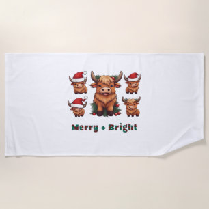 Cute Highland Cow Christmas Merry and Bright, Scot Beach Towel